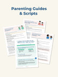 A rectangular image collage in portrait orientation with a background color of light yellow . The collage features a stack of parenting guides and scripts in various colors. Text at the top center reads Parenting Guides & Scripts in black. View 3