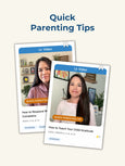 A rectangular image with a light yellow background. Text at the top center reads Quick Parenting Tips in blue. Below, there are two video cards featuring topics taught on Big Life Journal. View 4