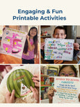 A rectangular image with a light yellow background featuring text and graphics. In the center, text reads Engaging & Fun Printable Activities in blue. Following this are four images of children showcasing their activities. View 2